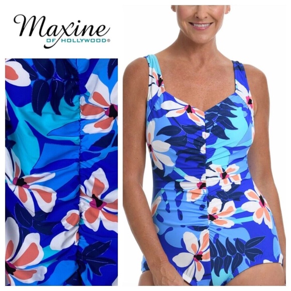 New Maxine Of Hollywood 22W 3X Swimsuit One Pc Floral Tropical Blue Slimming